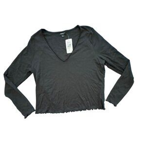 Torrid Black Long Sleeve Pointelle Rib V-Neck T-Shirt LARGE 12 0 NWT Stretch